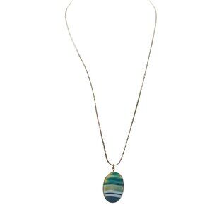 Vintage Gold-Tone Chain Necklace With Oval Striped Agate Pendant